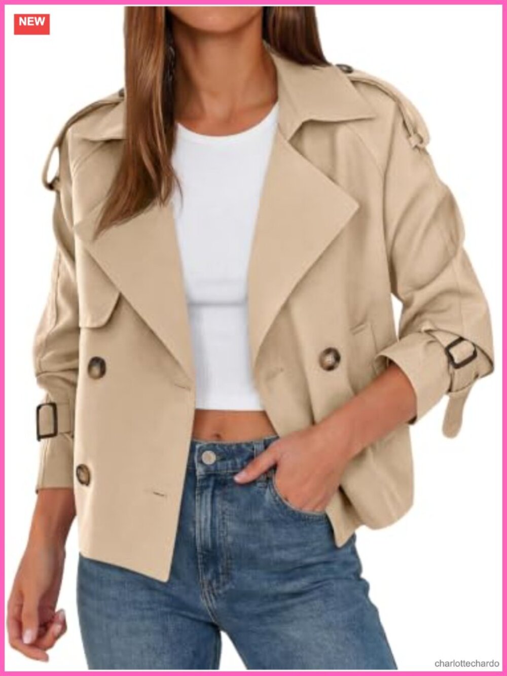 Women's Cropped Trench Coat Double Breasted Raglan Sleeve Lightweight